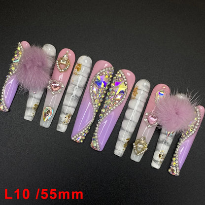 Wholesale Best Quality Durable Acrylic Handmade False Press on Nails 10PCS Luxury Long Ballerina Artificial Fingernail with Glue