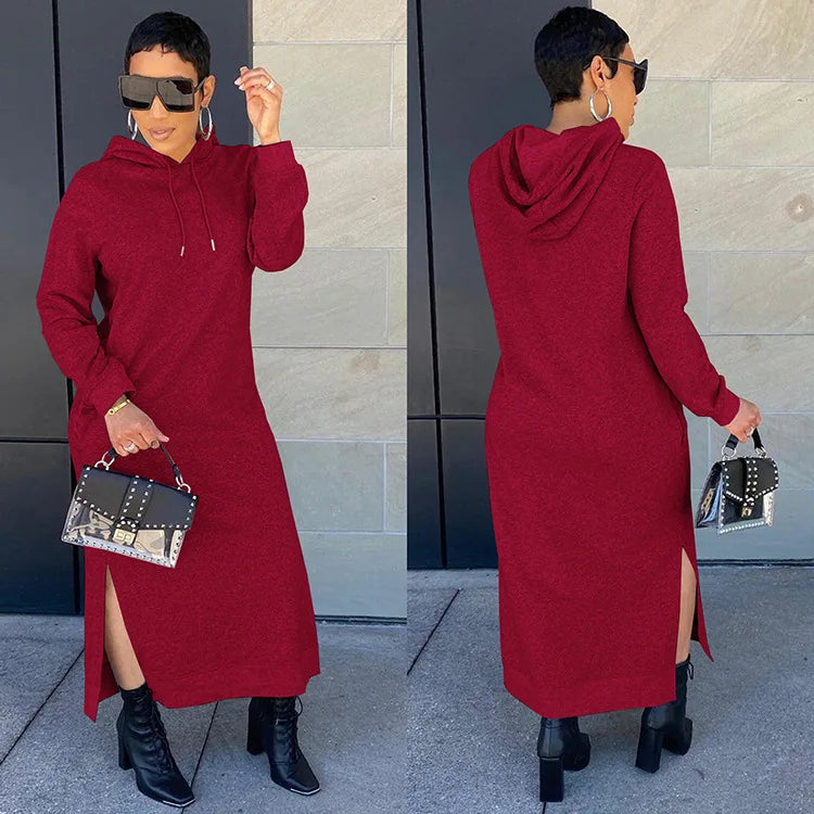 Monica Long Sleeve Hooded Solid Color Side Split Maxi Dress (Thermal)