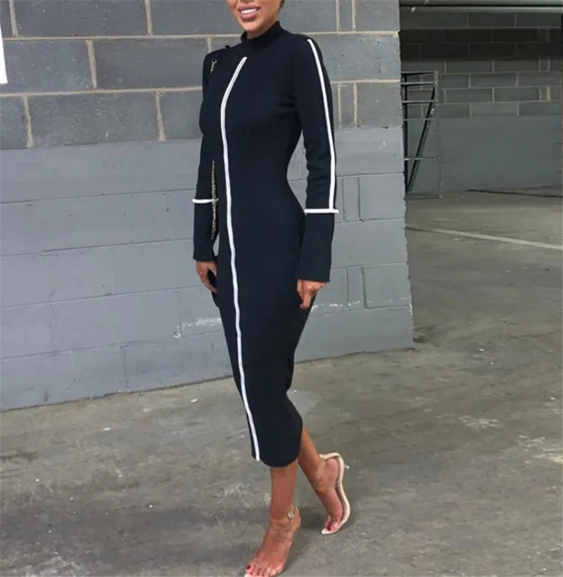 Tight All-around Contrast Slim Fit Midi Dresses