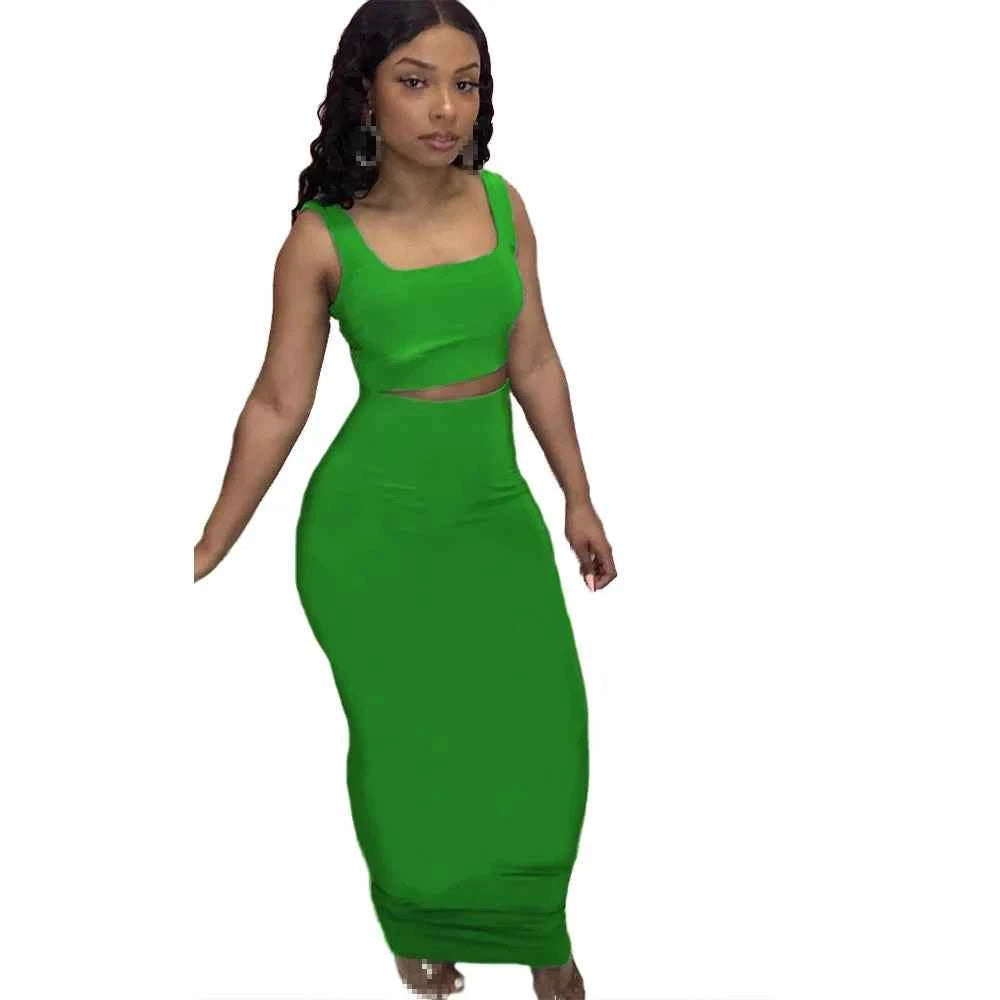 Solid Tank Cropped Top & Hips Enhancement Maxi Skirt Set (2pcs.)