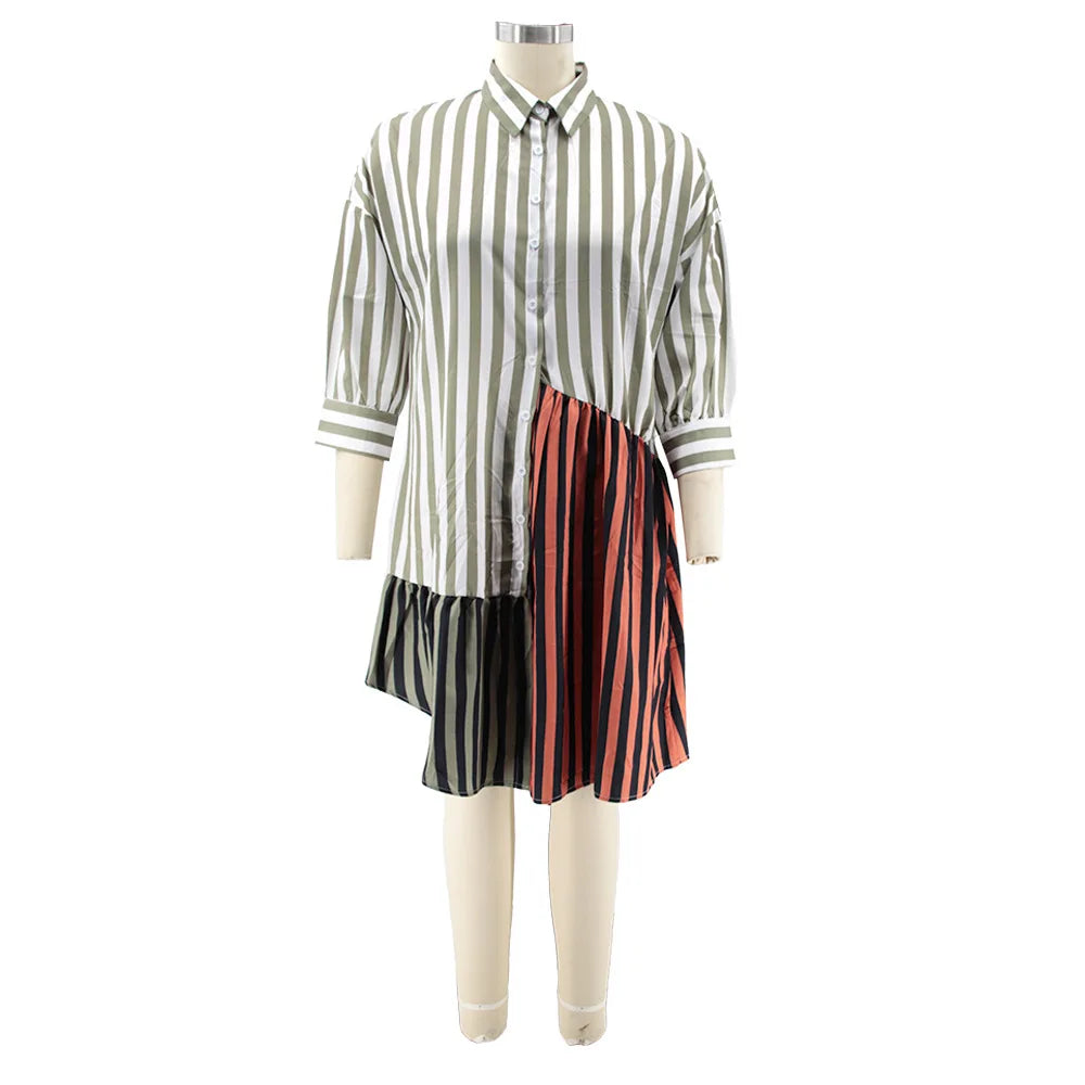 Streetwear Patchwork Striped Office Lady Shirts Midi Dresses