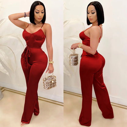Spaghetti Strap Sleeve Straight Jumpsuits