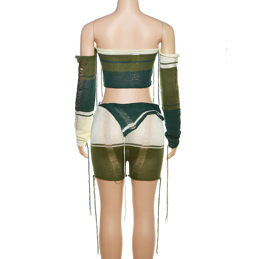 Candy Stripe Distressed Crochet Knit Short Set