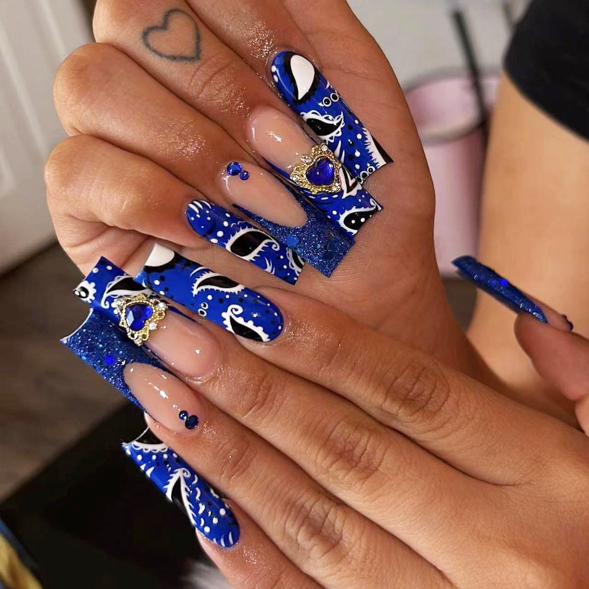 24Pcs Blue Long False Nails Butterfly Ballet French Cartoon  Wearable Fake Nails Full Cover Design Press on Nails Tips Art