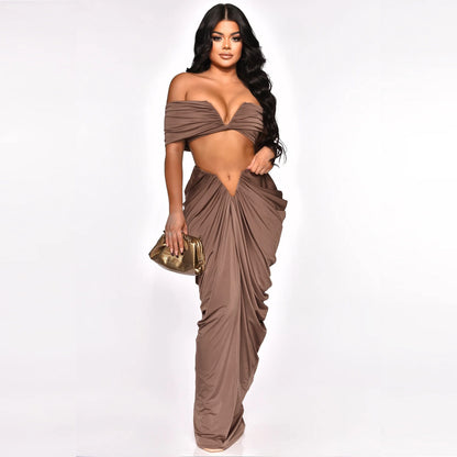 Off Shoulder Crop Top + Low Waist Maxi Skirt Outfits
