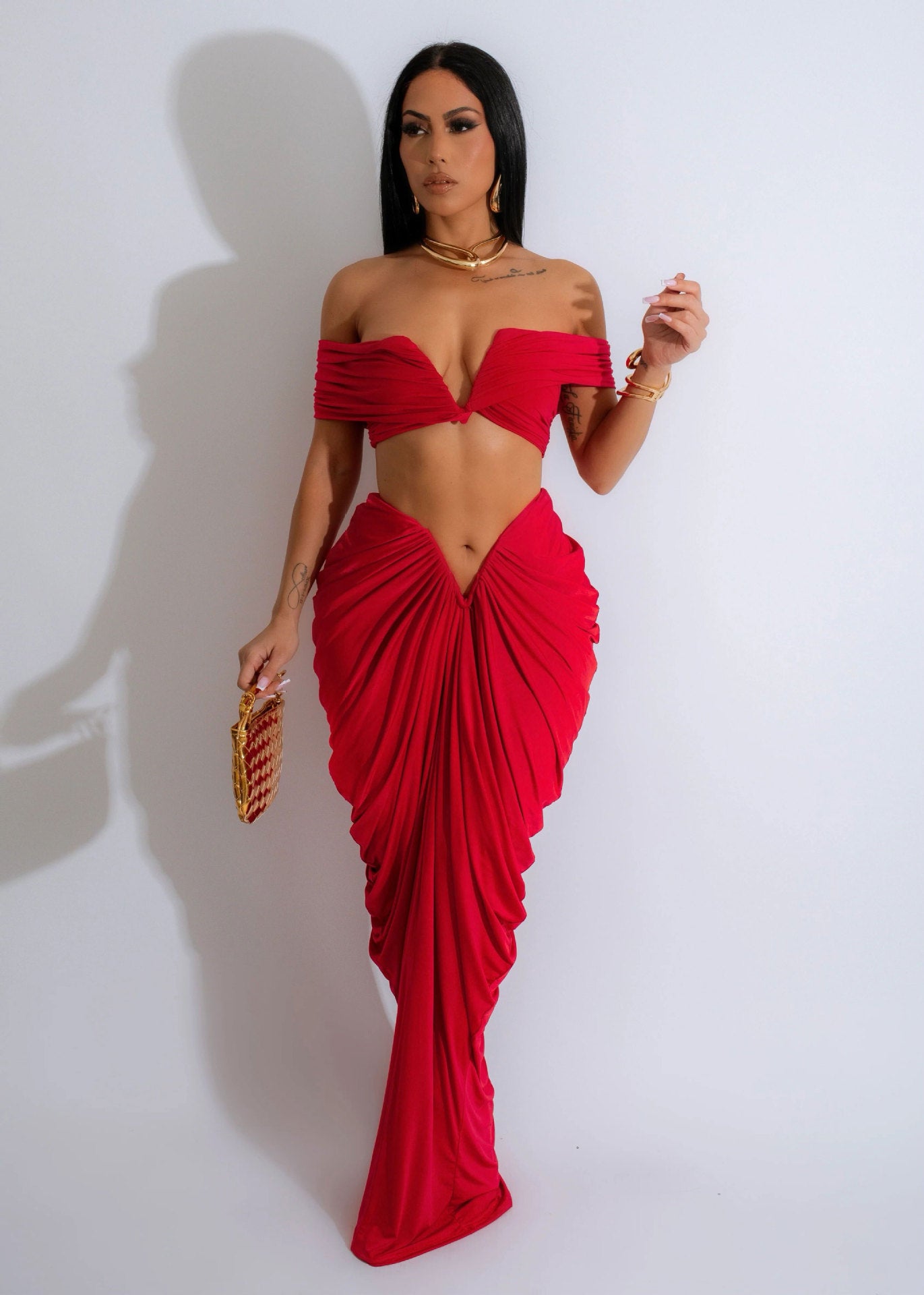 Off Shoulder Crop Top + Low Waist Maxi Skirt Outfits