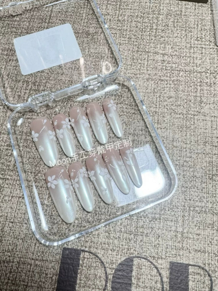 Moonlight Carved Wedding White Fairy Handmade Nails