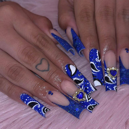 24Pcs Blue Long False Nails Butterfly Ballet French Cartoon  Wearable Fake Nails Full Cover Design Press on Nails Tips Art