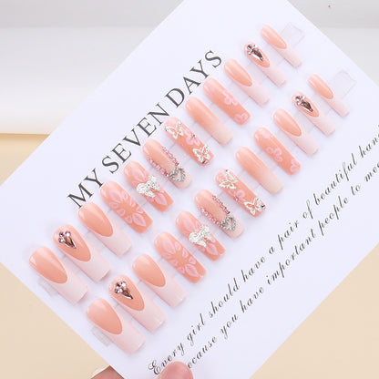 24Pcs White French False Nails Long Coffin Flower Butterfly with Rhinestones French Design Wearable Fake Nails Press on Nails