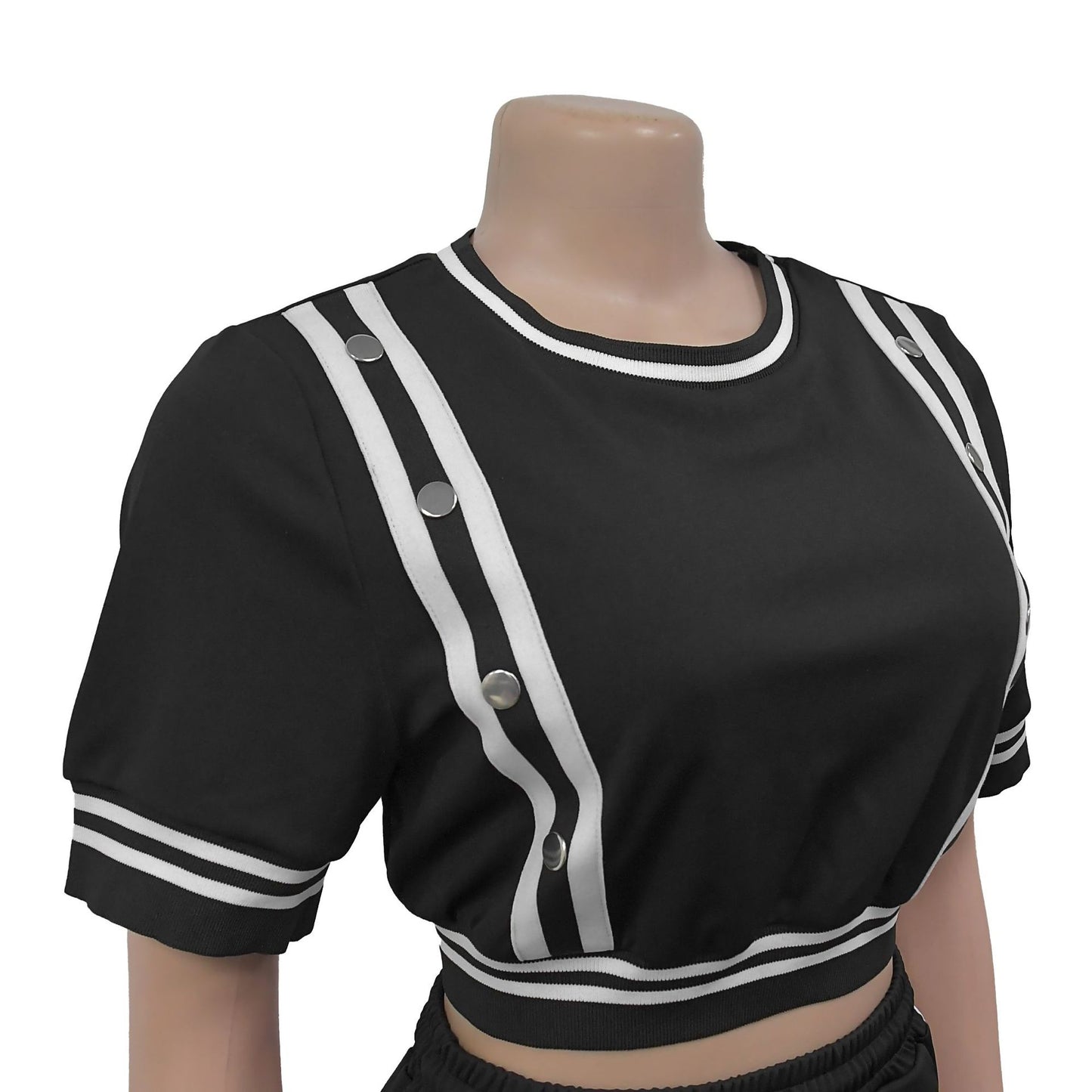 Striped Ribbon T-shirt + Side Button Split Long Pants Sets