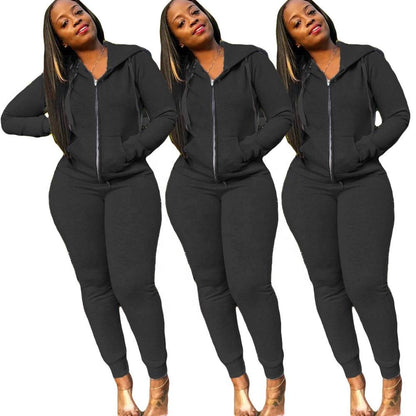 Fashion Trend Solid Color Plus Fleece Sports Color Sweater Two-piece Sets