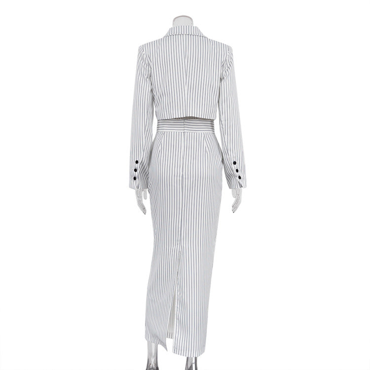 Striped Turn Down Collar Blazer + Split Skirt Sets