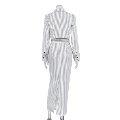 Striped Turn Down Collar Blazer + Split Skirt Sets
