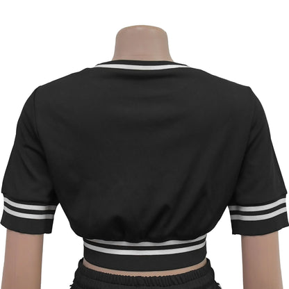 Striped Ribbon T-shirt + Side Button Split Long Pants Sets