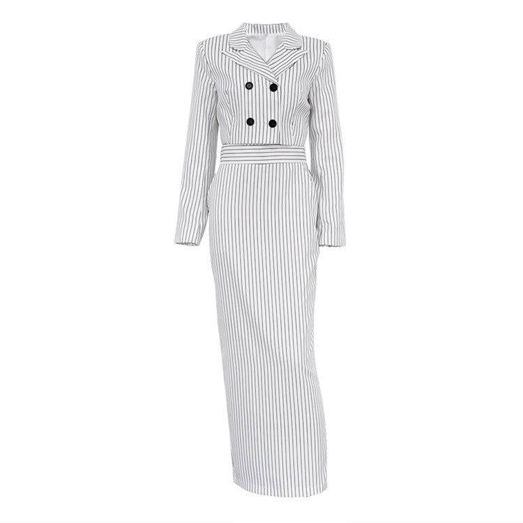 Striped Turn Down Collar Blazer + Split Skirt Sets