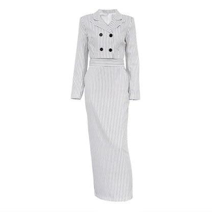 Striped Turn Down Collar Blazer + Split Skirt Sets