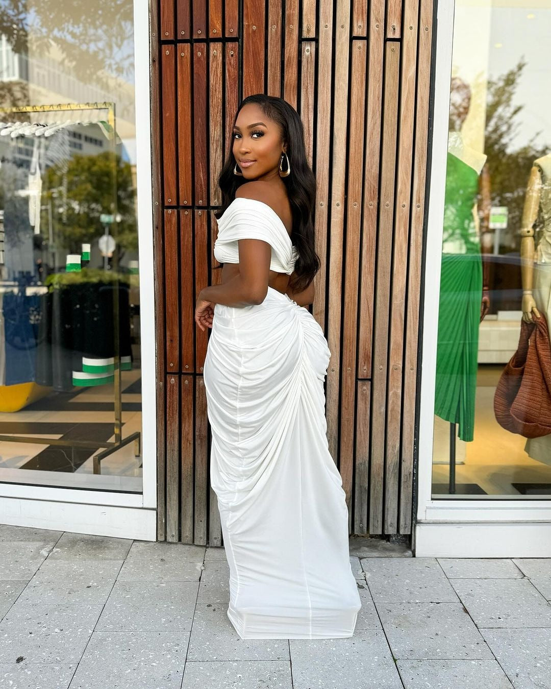 Off Shoulder Crop Top + Low Waist Maxi Skirt Outfits