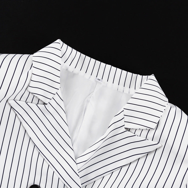 Striped Turn Down Collar Blazer + Split Skirt Sets