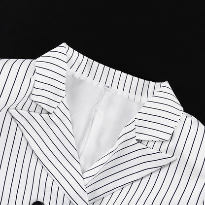 Striped Turn Down Collar Blazer + Split Skirt Sets