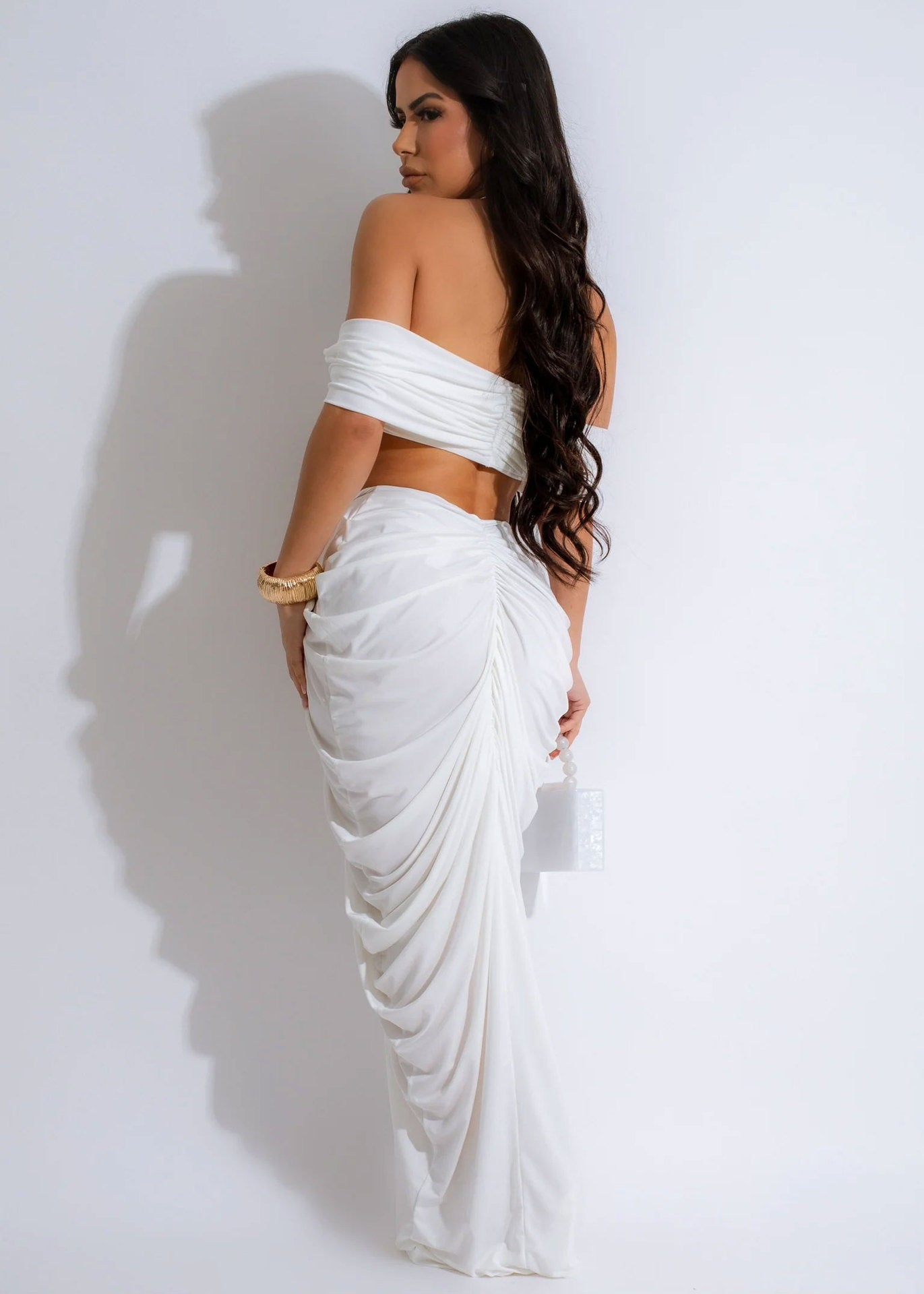 Off Shoulder Crop Top + Low Waist Maxi Skirt Outfits