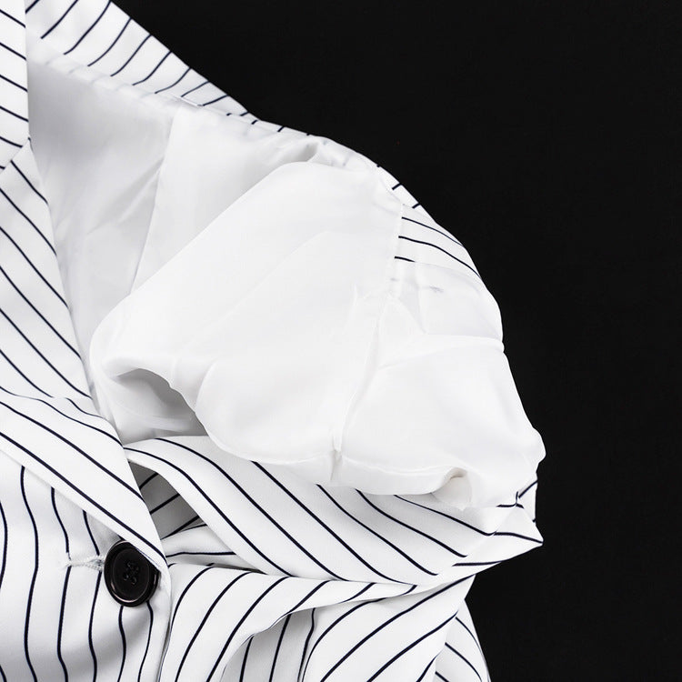 Striped Turn Down Collar Blazer + Split Skirt Sets