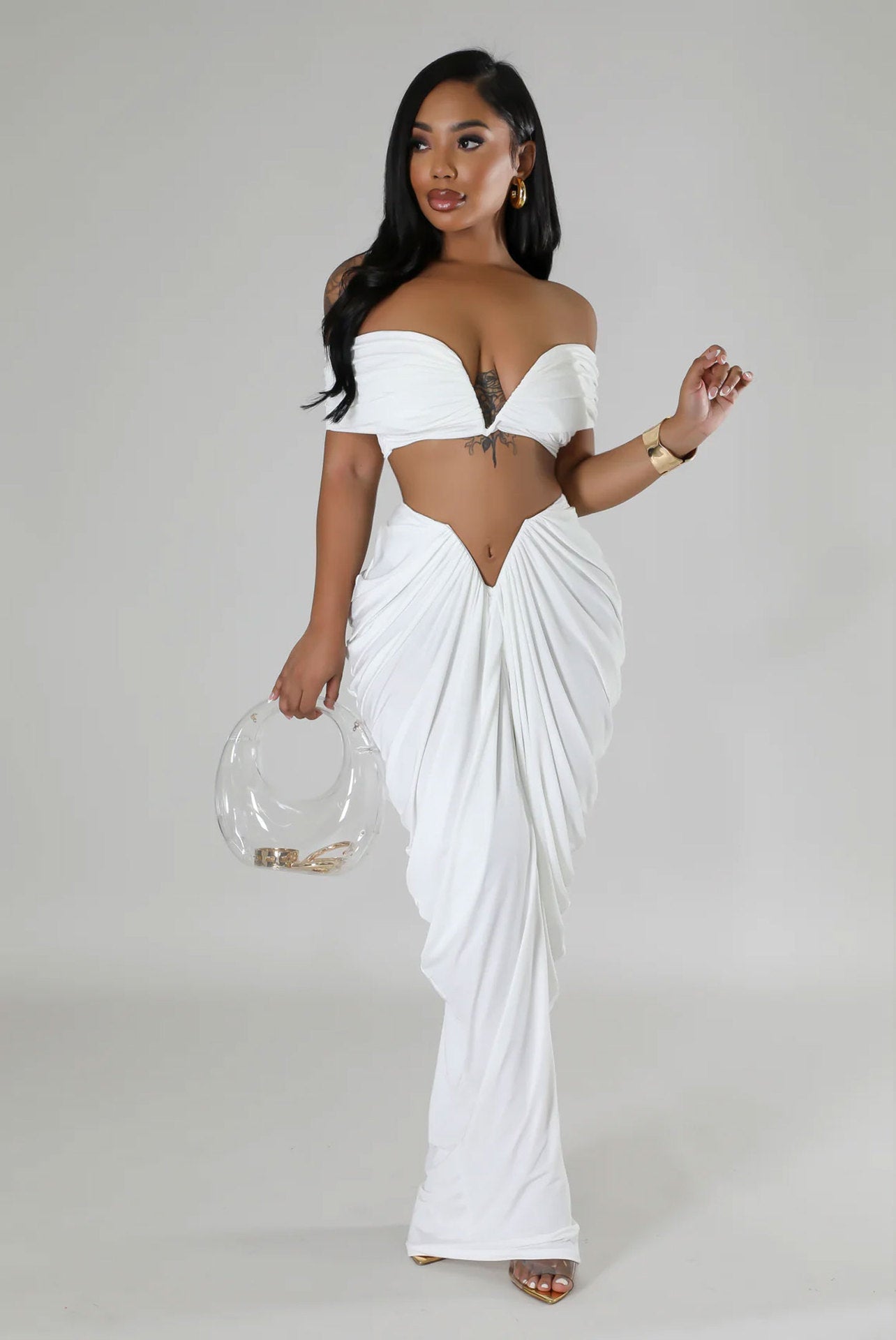 Off Shoulder Crop Top + Low Waist Maxi Skirt Outfits