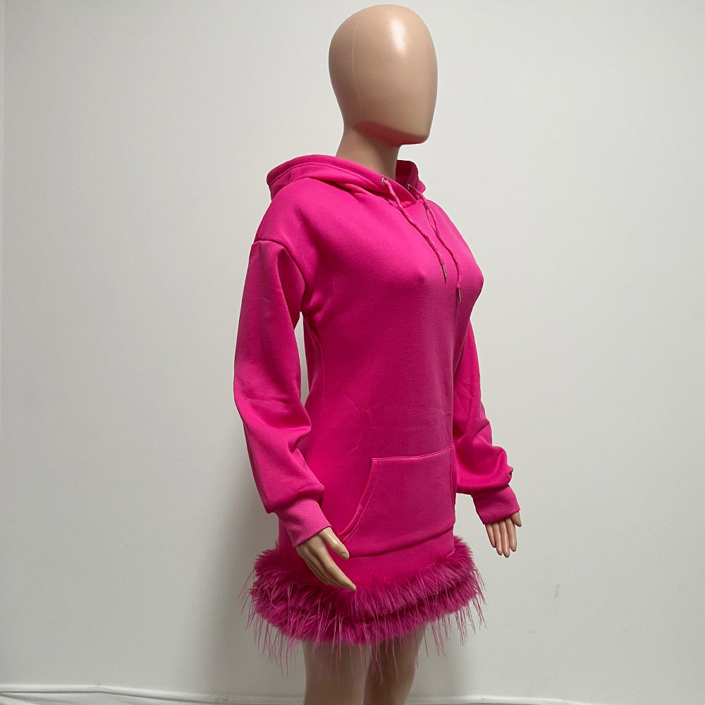 Fur Hem Hooded Sweatshirt Style Midi Dresses