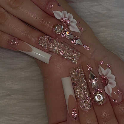 24Pcs White French False Nails Long Coffin Flower Butterfly with Rhinestones French Design Wearable Fake Nails Press on Nails