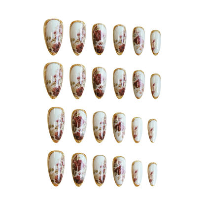 Classical Flower Oil Painting Wearing Armor Gilding Rose Nail Stickers Retro European American Style Artistic Finished Product Fake Nail Tip