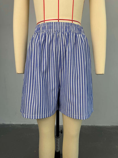 Striped Half Sleeve Turn-down T-shirt + Shorts Suit