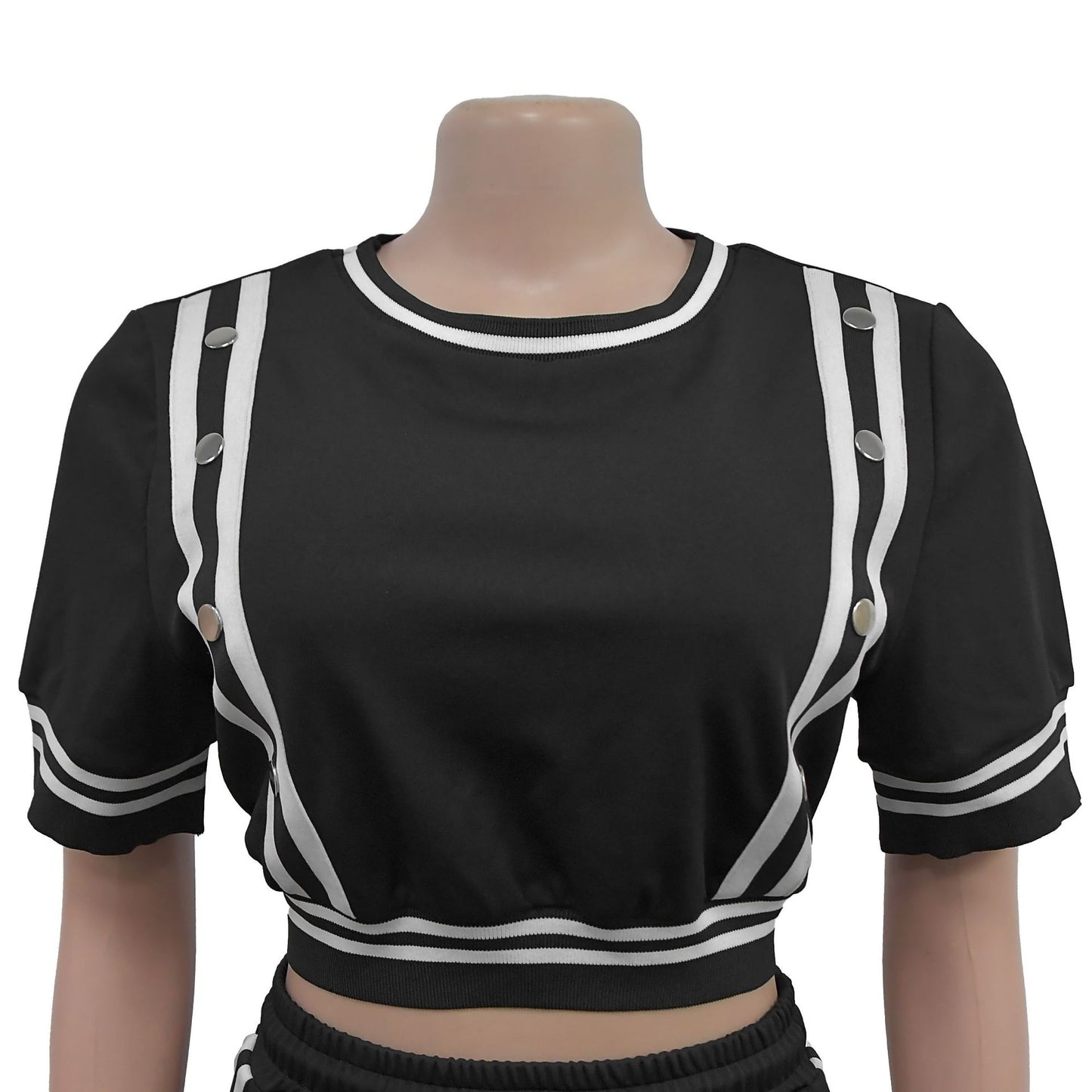 Striped Ribbon T-shirt + Side Button Split Long Pants Sets