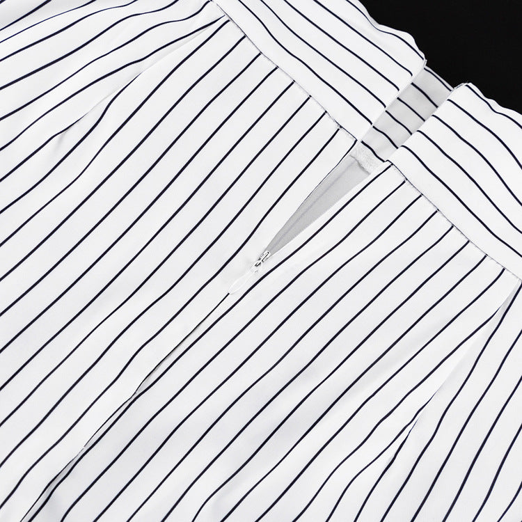 Striped Turn Down Collar Blazer + Split Skirt Sets