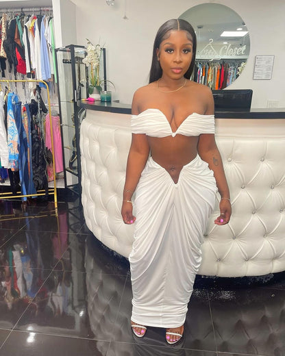 Off Shoulder Crop Top + Low Waist Maxi Skirt Outfits