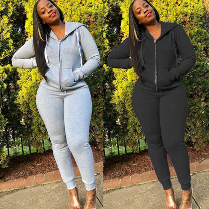 Fashion Trend Solid Color Plus Fleece Sports Color Sweater Two-piece Sets