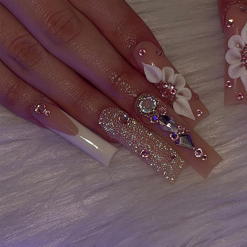 24Pcs White French False Nails Long Coffin Flower Butterfly with Rhinestones French Design Wearable Fake Nails Press on Nails