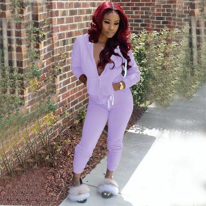 Fashion Trend Solid Color Plus Fleece Sports Color Sweater Two-piece Sets