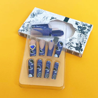 24Pcs Blue Long False Nails Butterfly Ballet French Cartoon  Wearable Fake Nails Full Cover Design Press on Nails Tips Art