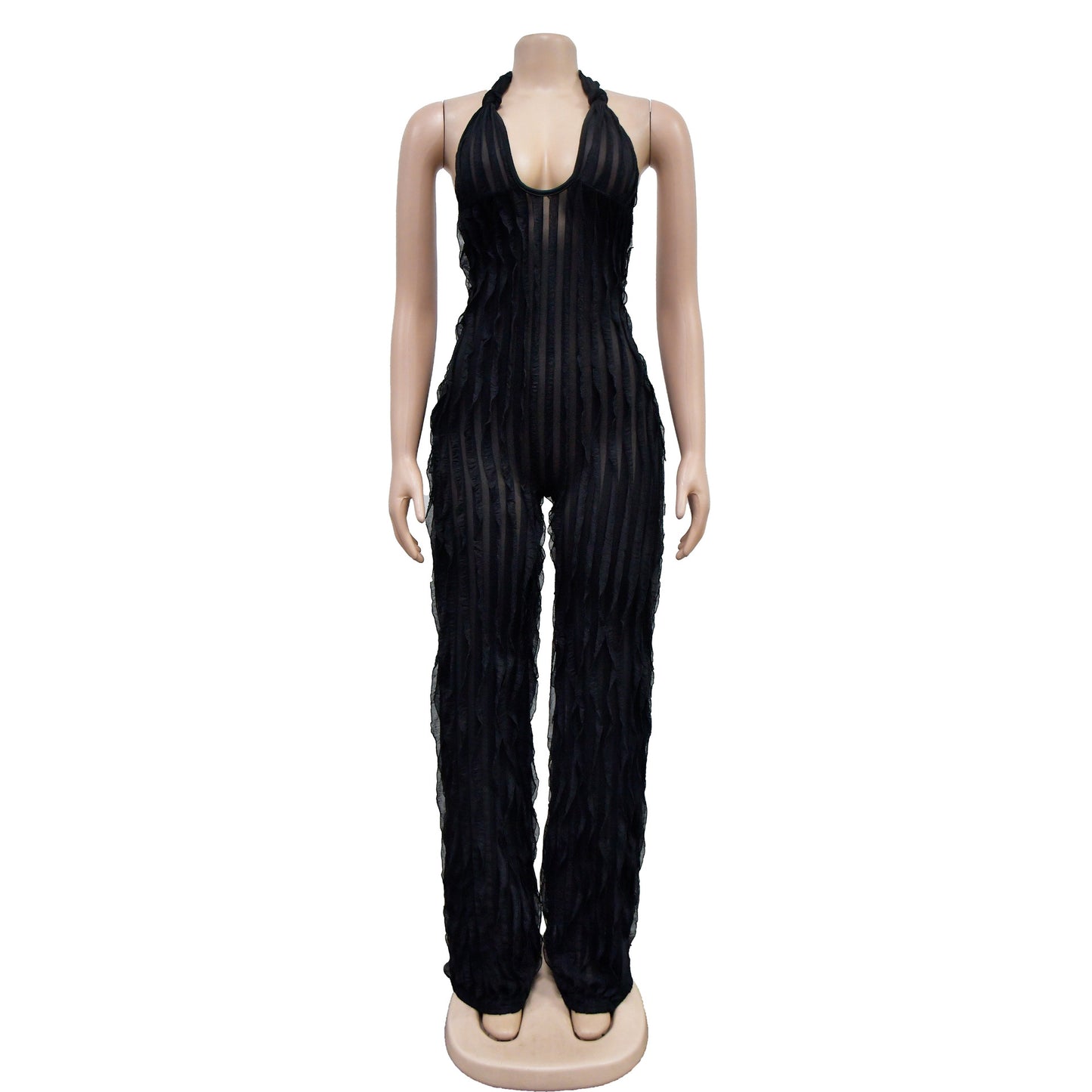 Ruffles Deep V-neck Halter Backless Wide Leg Jumpsuits