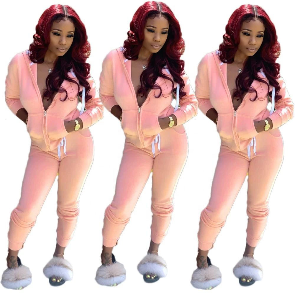 Fashion Trend Solid Color Plus Fleece Sports Color Sweater Two-piece Sets