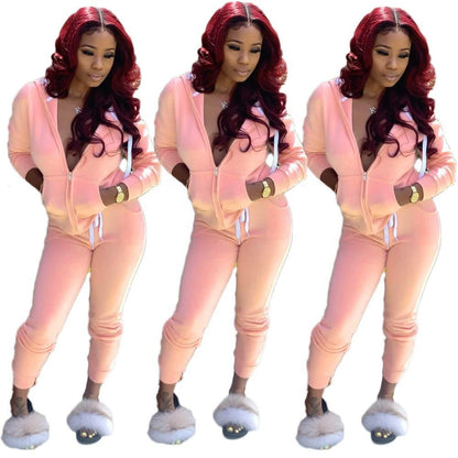 Fashion Trend Solid Color Plus Fleece Sports Color Sweater Two-piece Sets