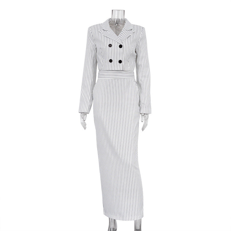 Striped Turn Down Collar Blazer + Split Skirt Sets