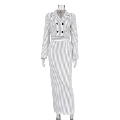 Striped Turn Down Collar Blazer + Split Skirt Sets