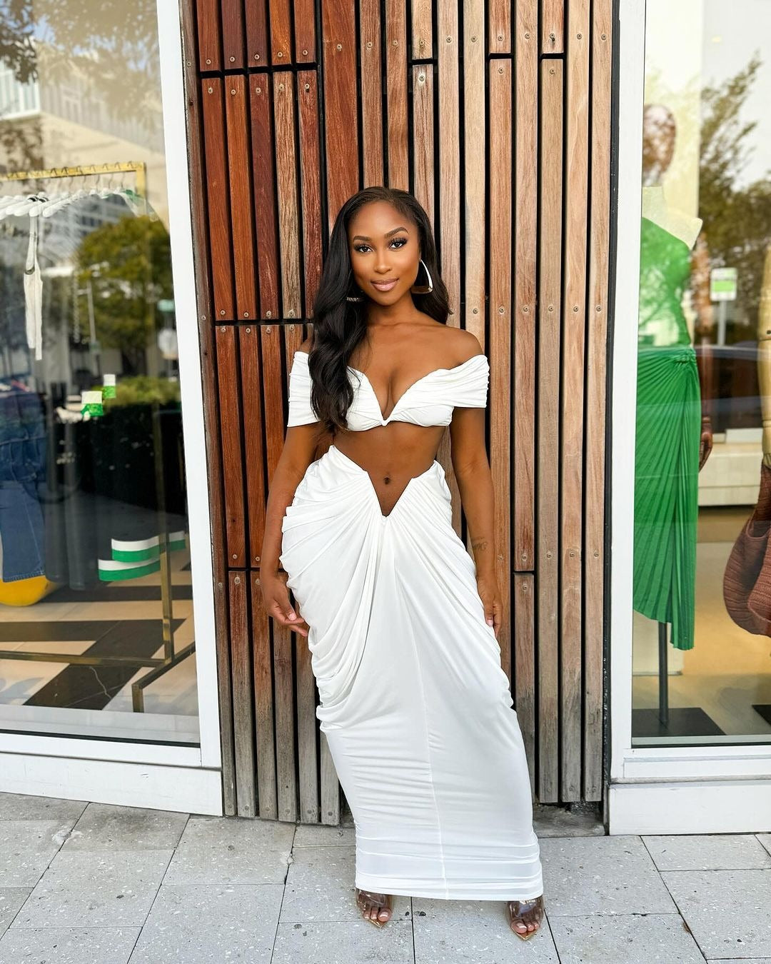 Off Shoulder Crop Top + Low Waist Maxi Skirt Outfits