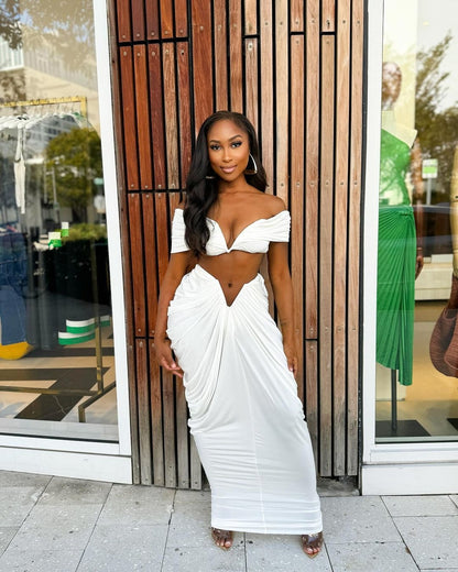 Off Shoulder Crop Top + Low Waist Maxi Skirt Outfits