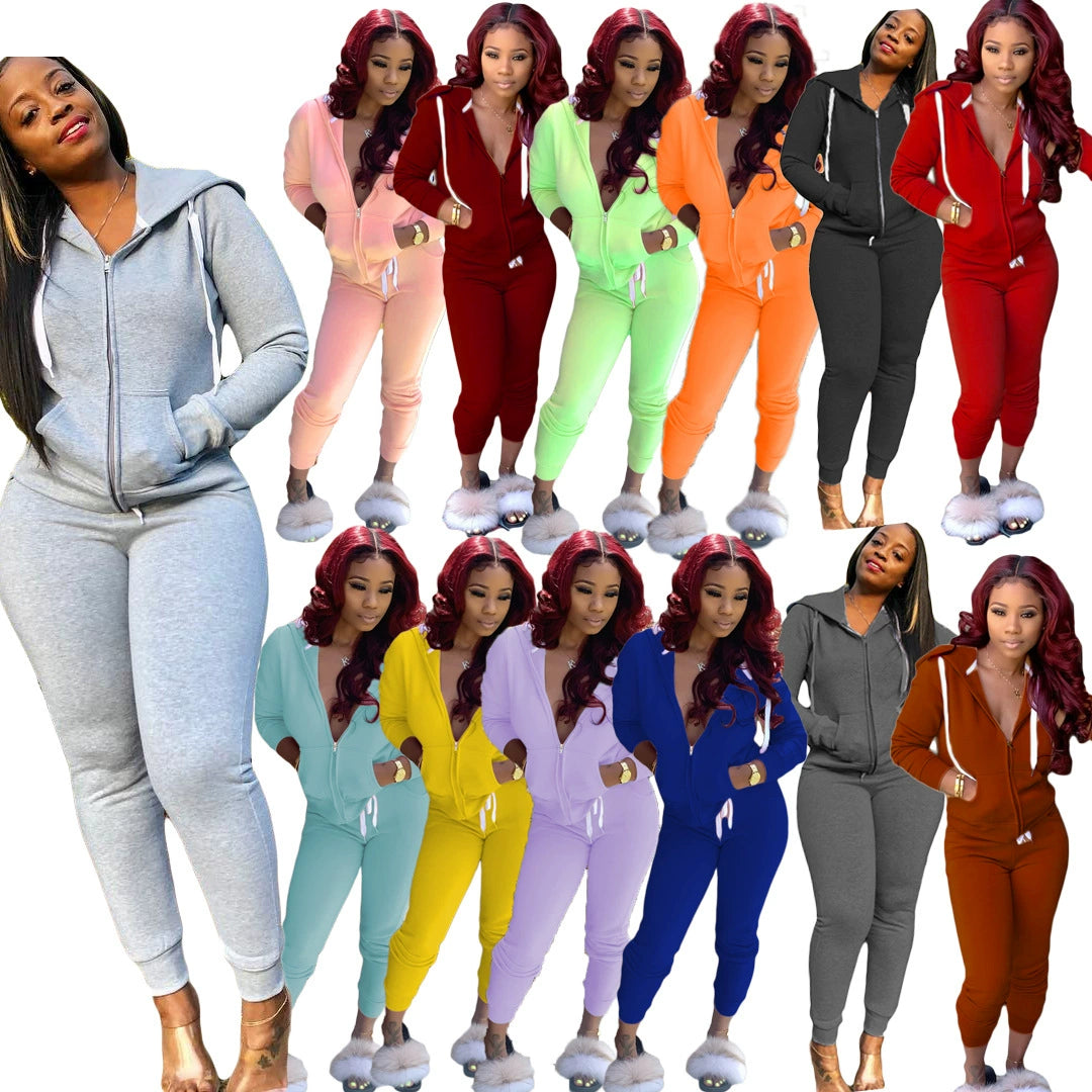 Fashion Trend Solid Color Plus Fleece Sports Color Sweater Two-piece Sets