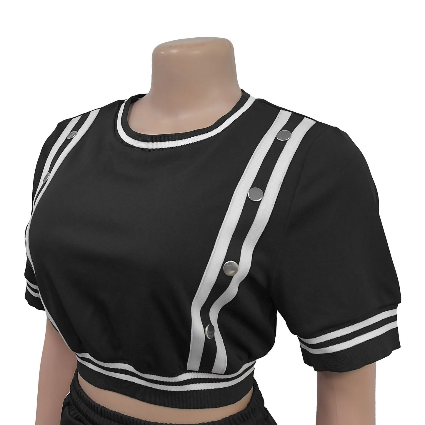 Striped Ribbon T-shirt + Side Button Split Long Pants Sets