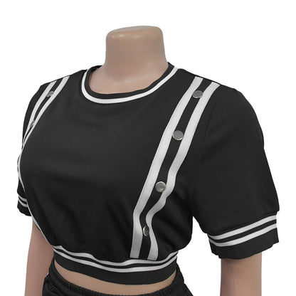 Striped Ribbon T-shirt + Side Button Split Long Pants Sets