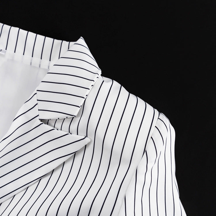 Striped Turn Down Collar Blazer + Split Skirt Sets