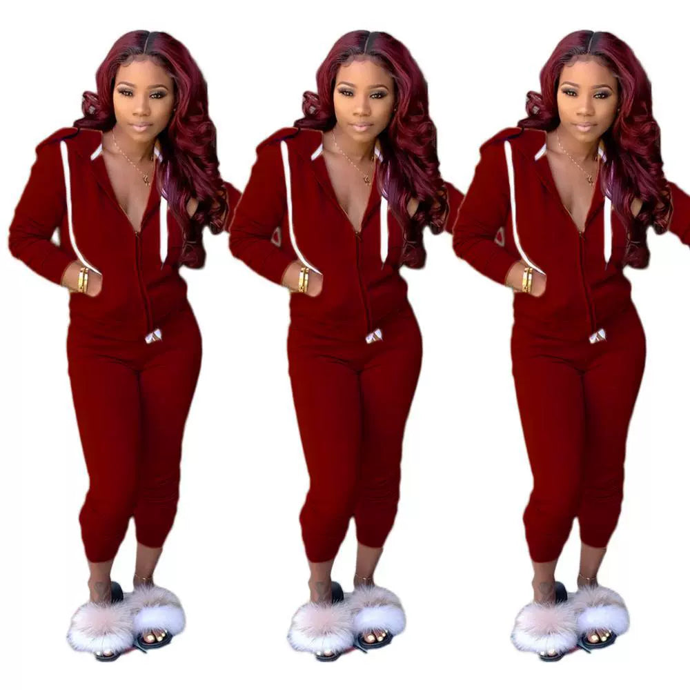 Fashion Trend Solid Color Plus Fleece Sports Color Sweater Two-piece Sets