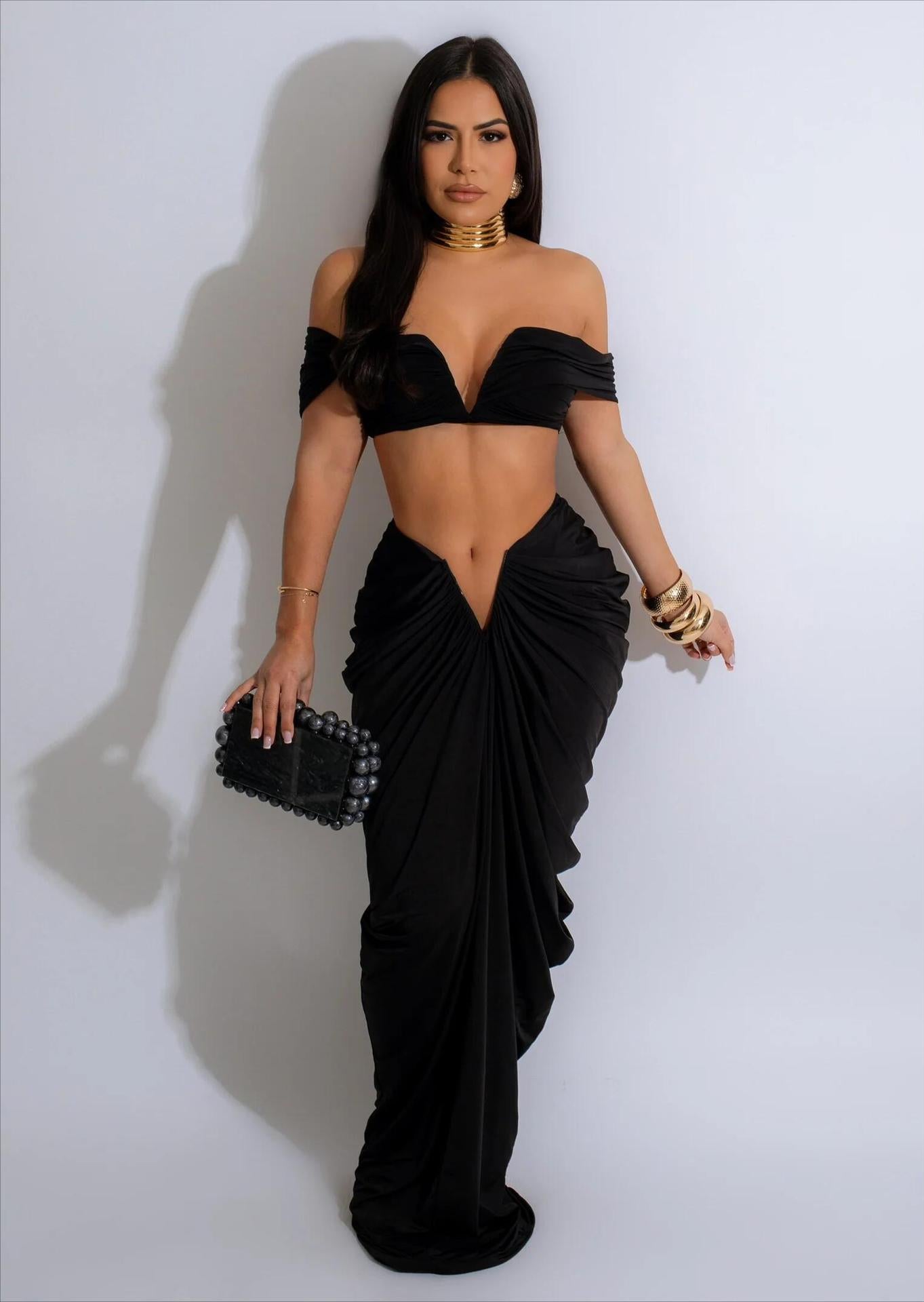 Off Shoulder Crop Top + Low Waist Maxi Skirt Outfits